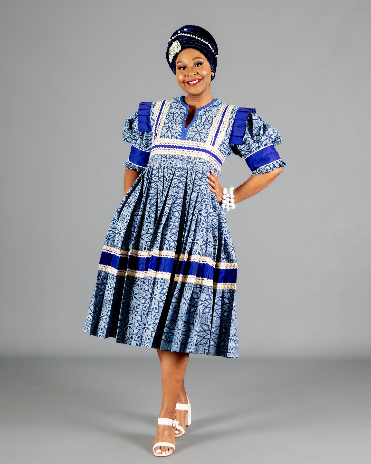 Mogoshadi Pleated Bridal Dress in Blue Print