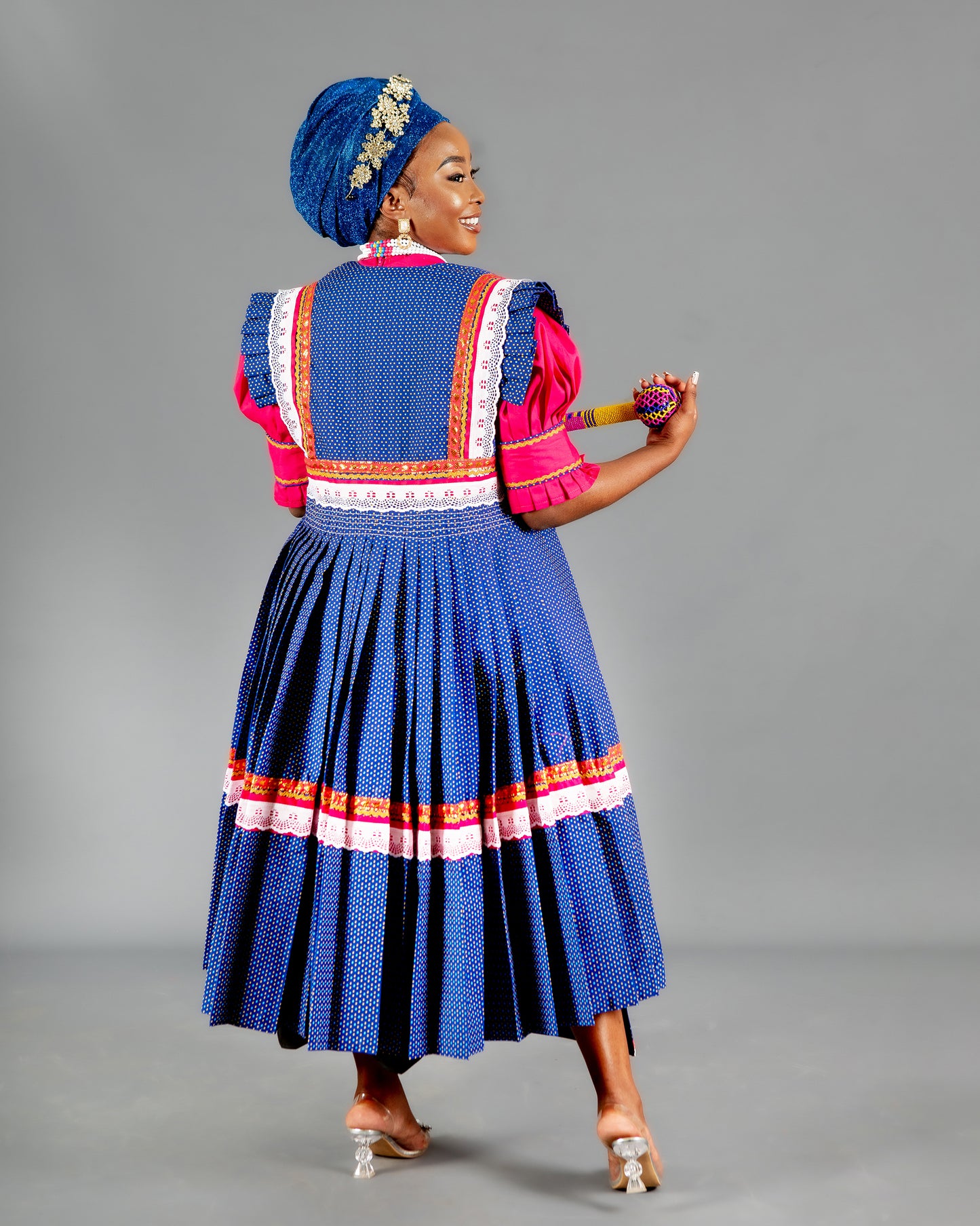 Mogoshadi Pleated Bridal Dress Set in Pink & Blue