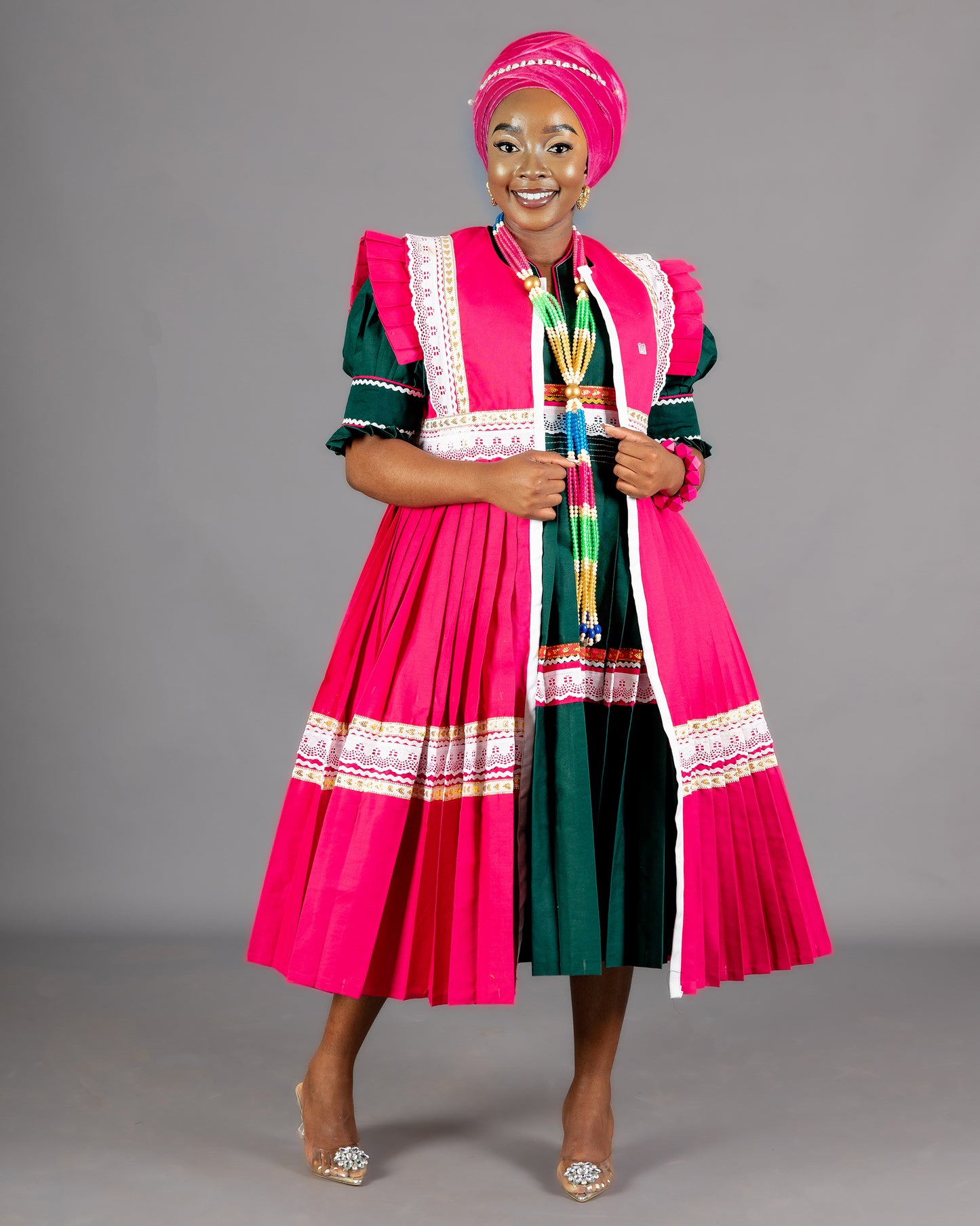 Mogoshadi Pleated Bridal Dress Set in Green & Pink
