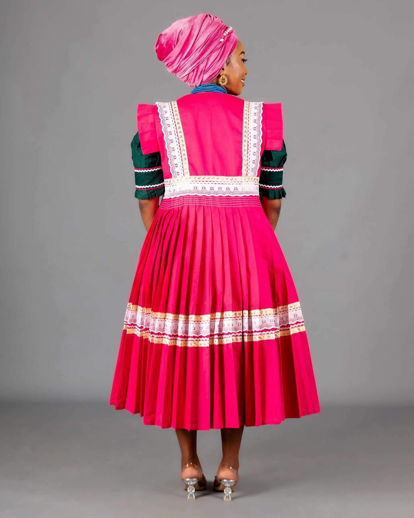 Mogoshadi Pleated Bridal Dress Set in Green & Pink