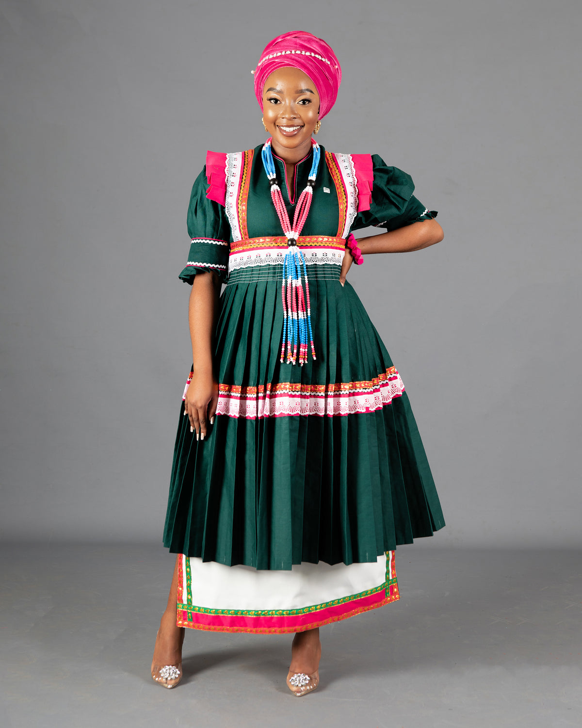 Mogoshadi Pleated Bridal Dress Set in Green & Pink