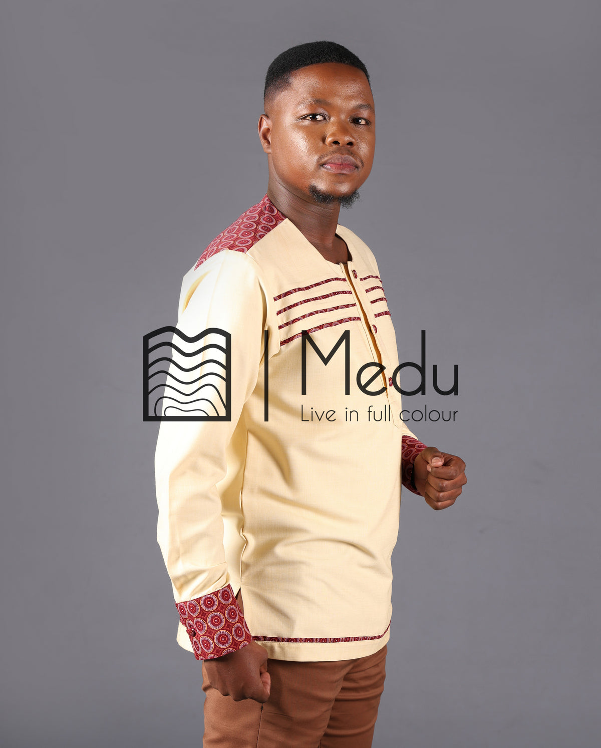 Mogale Bespoke Shirt in Cream with Boledi Maroon