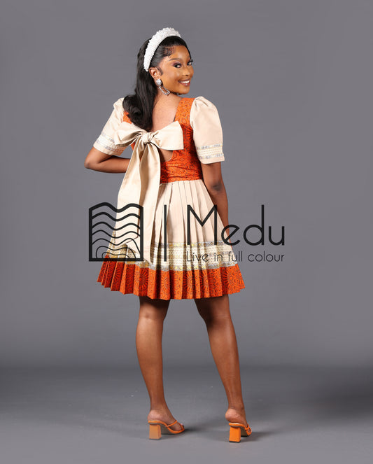 Mmashela Giant Bow Mini Dress in Beige and Orange