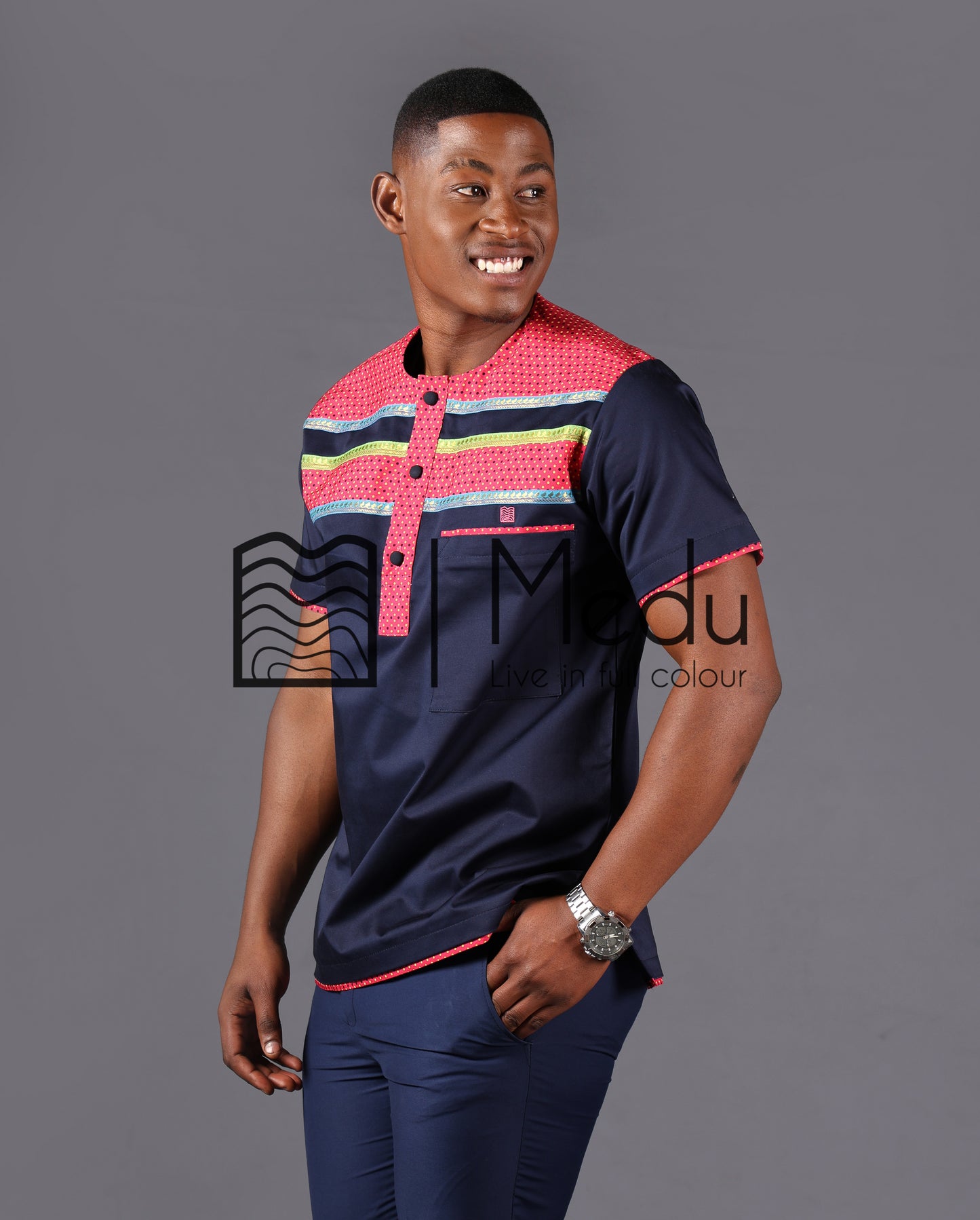Noko Front Panel Shirt in Navy with Pink