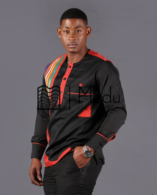 Nape Side Panel Shirt Black Trimmed with Red