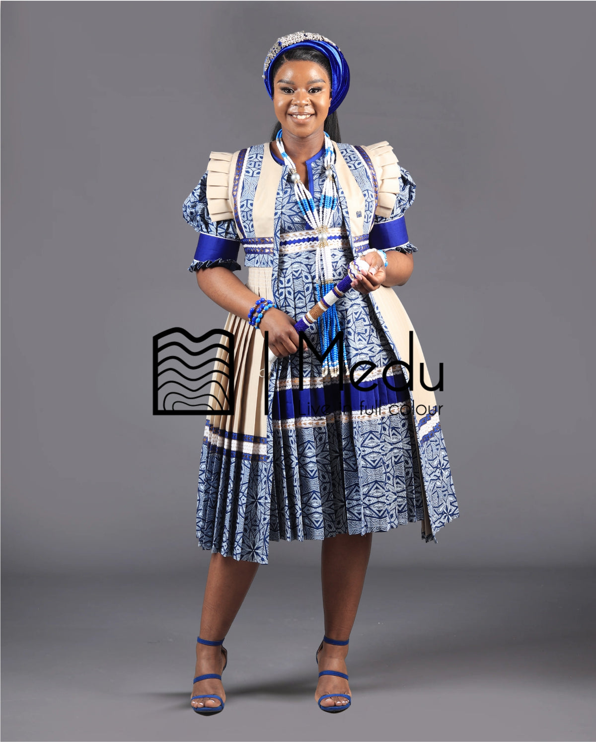 Mogoshadi Pleated Bridal Set in Blue Print
