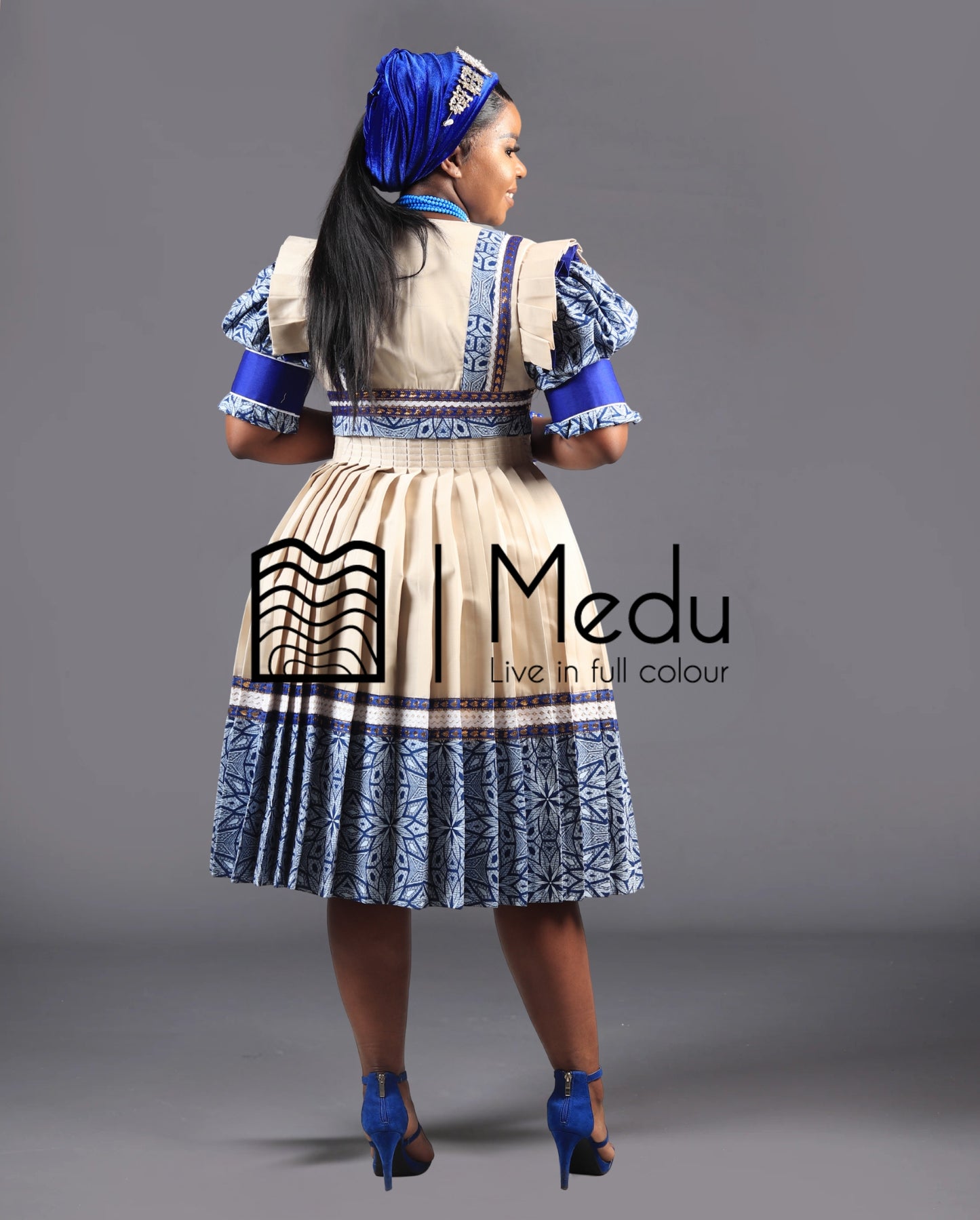 Mogoshadi Pleated Bridal Set in Blue Print