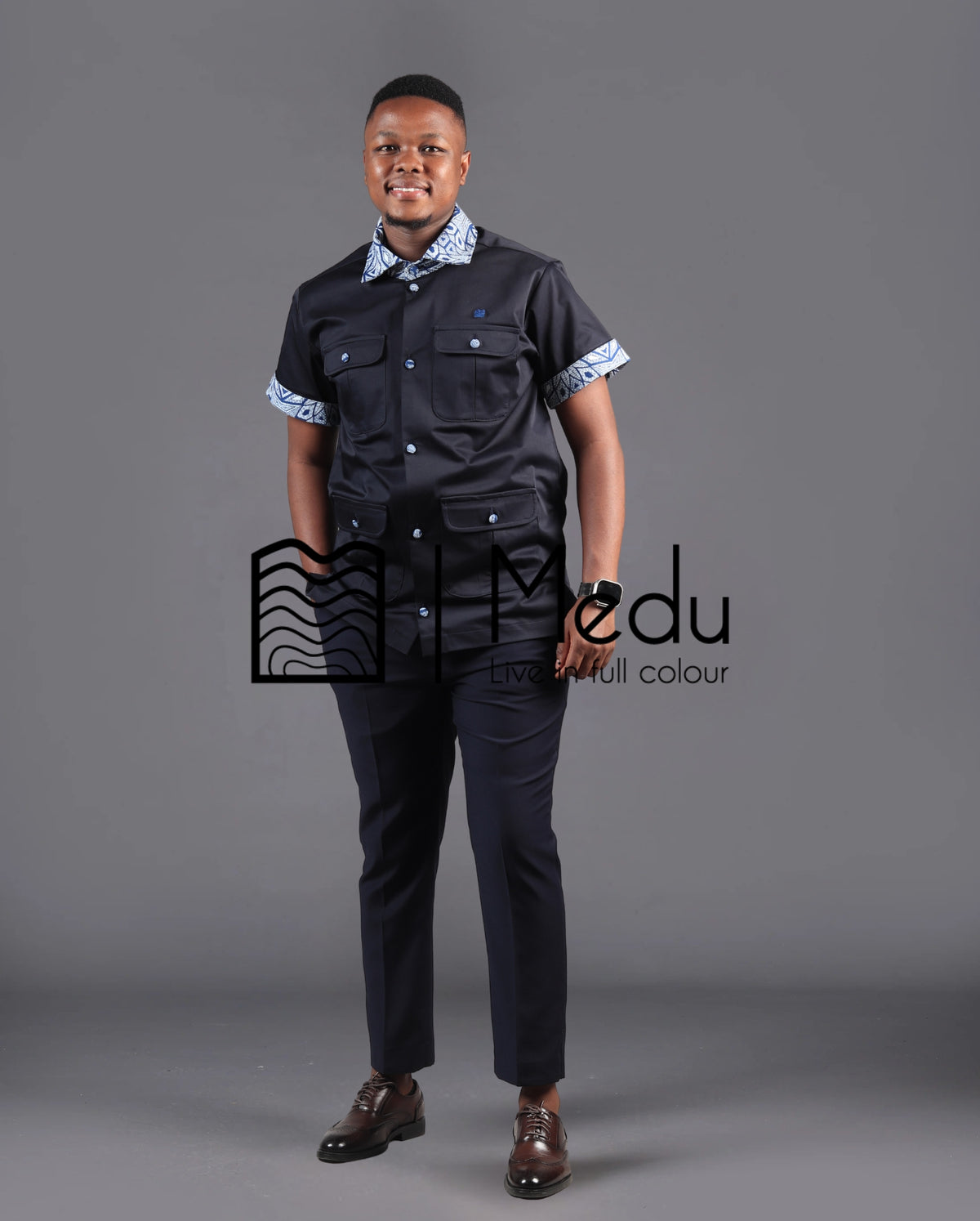 Kwena Bespoke Safari Shirt in Blue Print