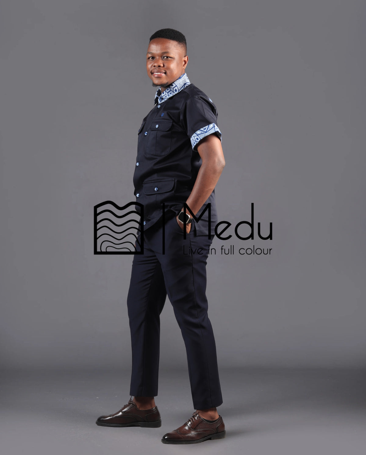 Kwena Bespoke Safari Shirt in Blue Print
