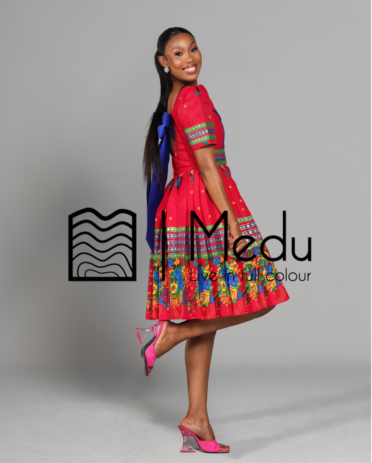 Tsakani Giant Bow Midi Dress Ruby Pink