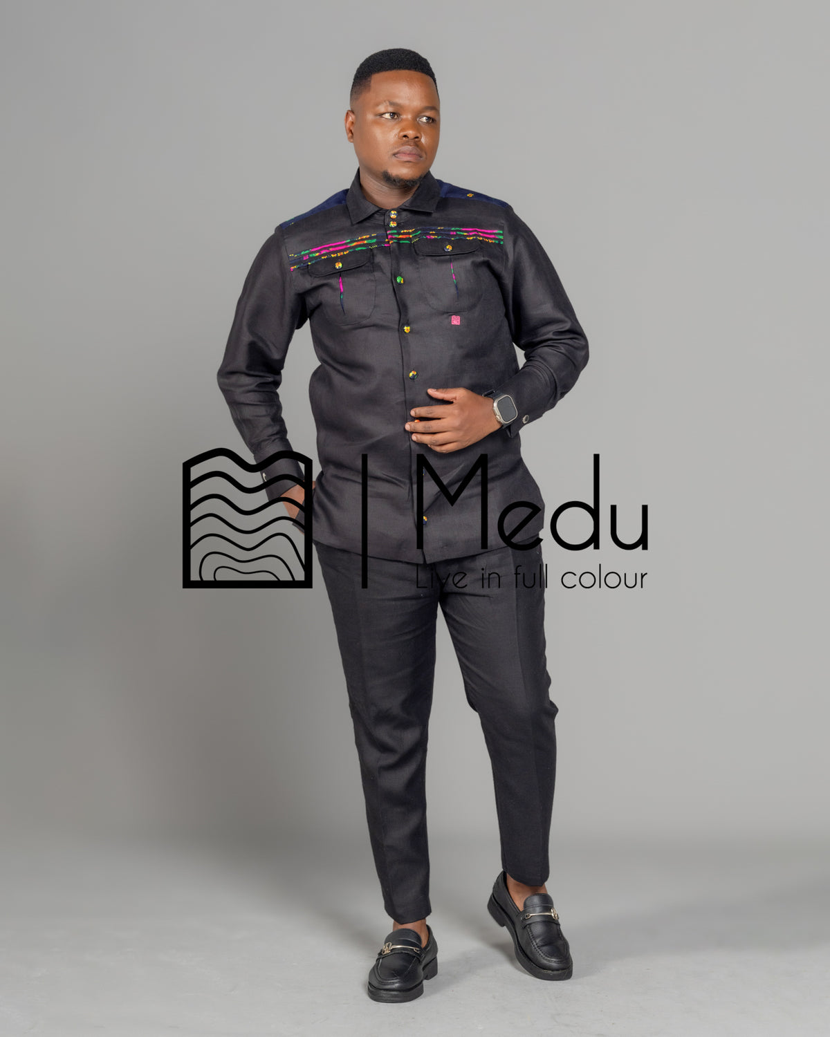 Vukosi Bespoke Front Stripes Shirt Black with Navy