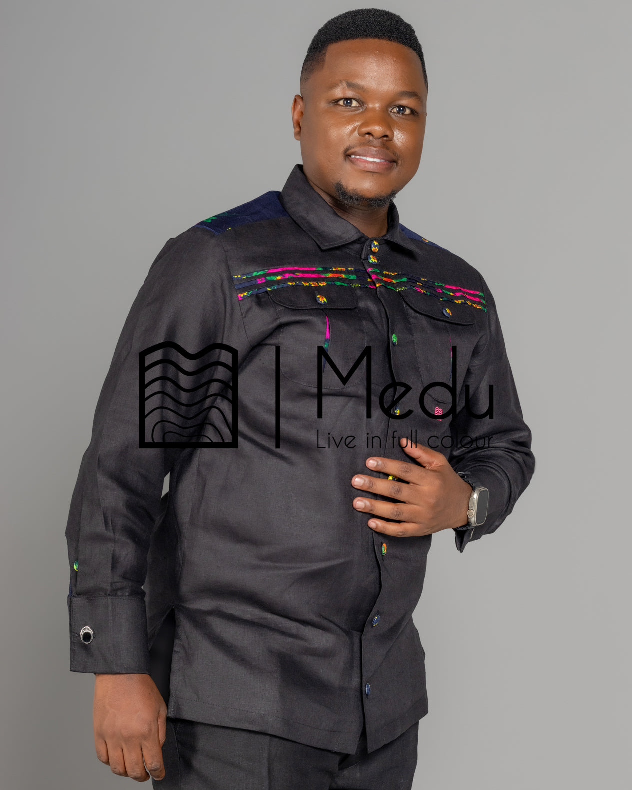 Vukosi Bespoke Front Stripes Shirt Black with Navy