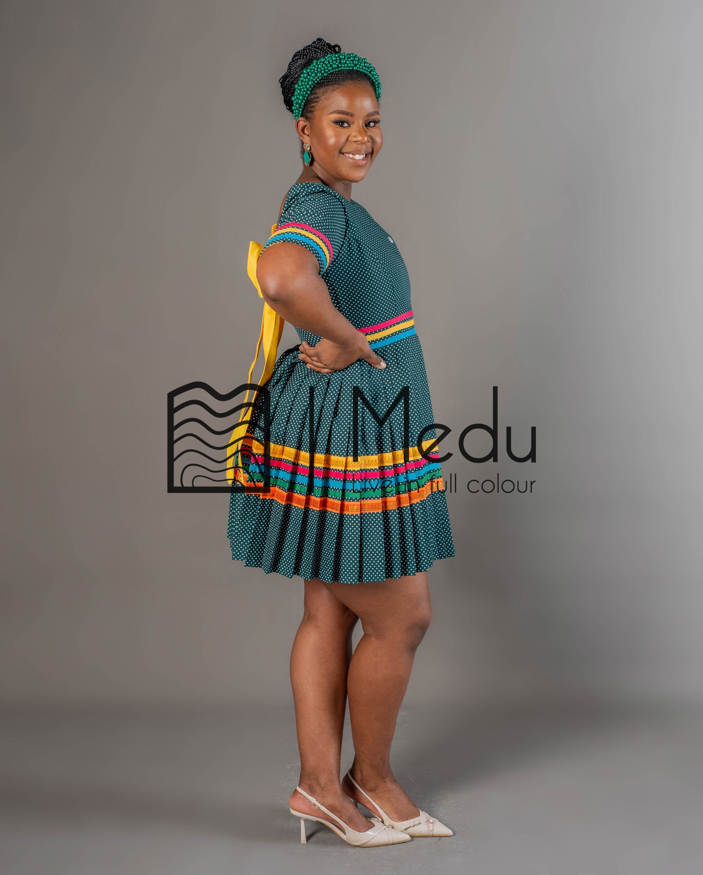 Mmashela Giant Bow Mini Dress in Bottle Green
