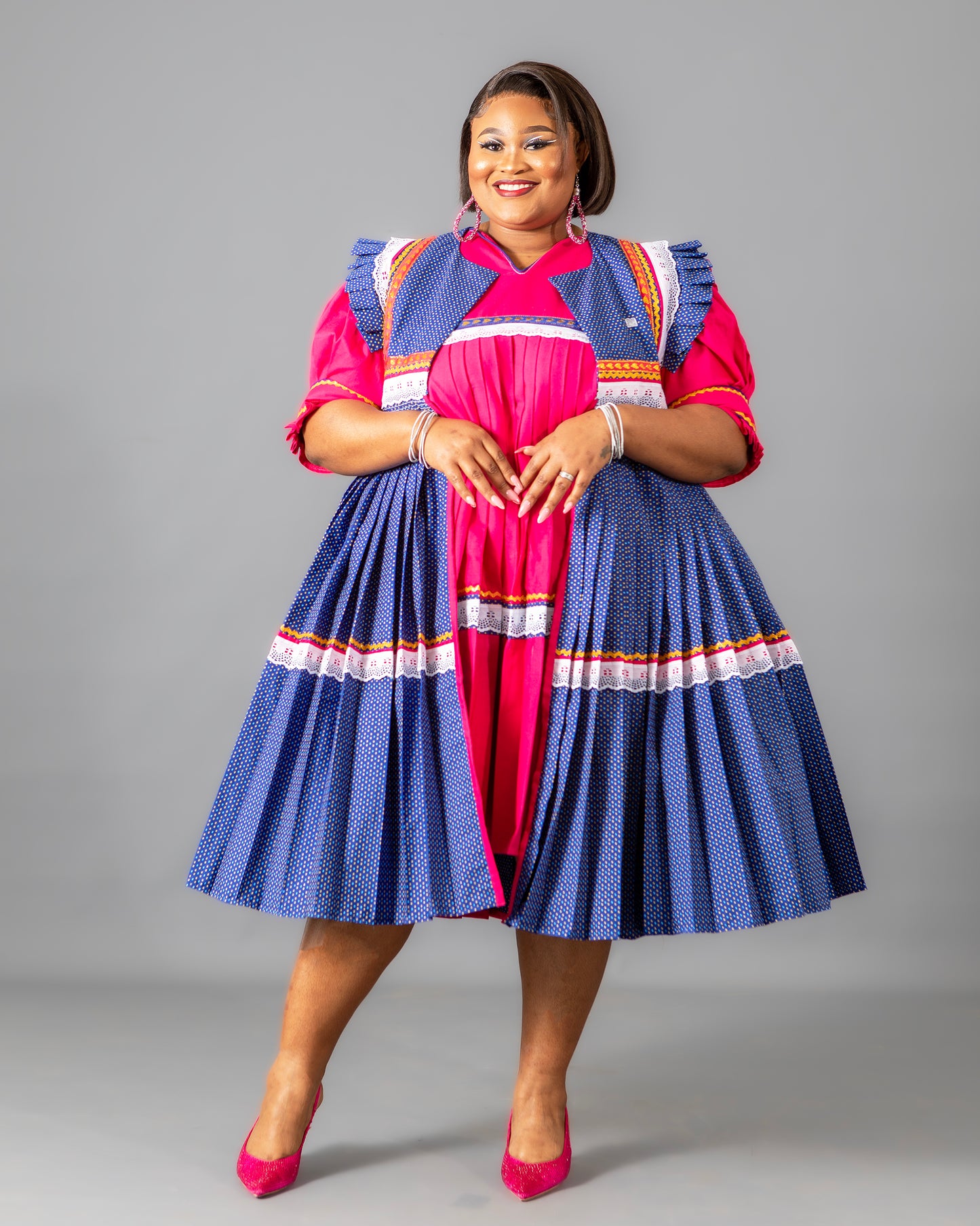 Mogoshadi Pleated Bridal Dress Set in Pink & Blue