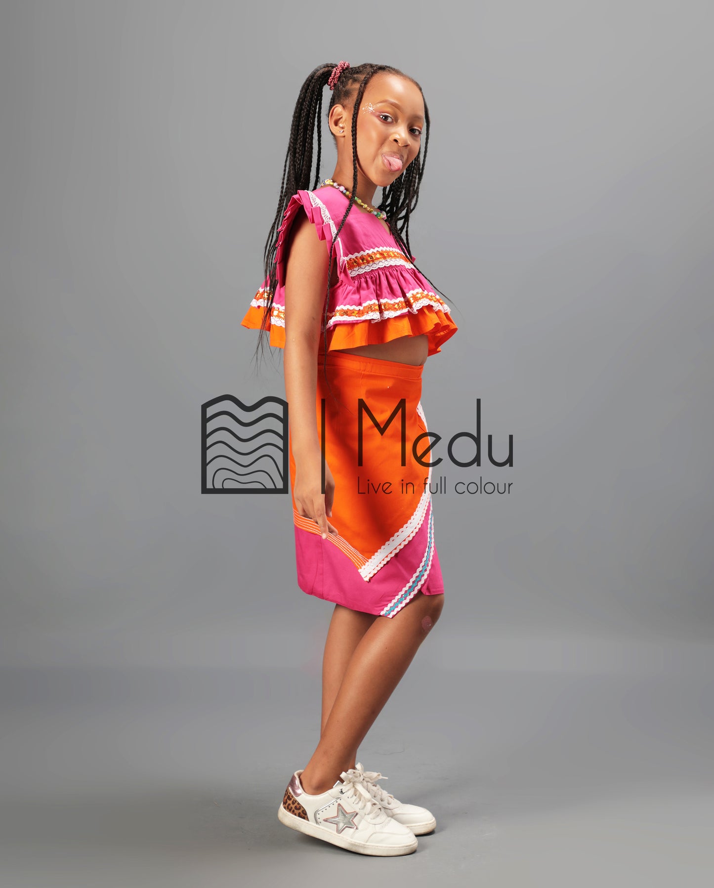 Kiddies Semabejana and Wrap Skirt Set in Pink & Orange