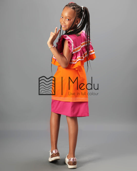Kiddies Semabejana and Wrap Skirt Set in Pink & Orange