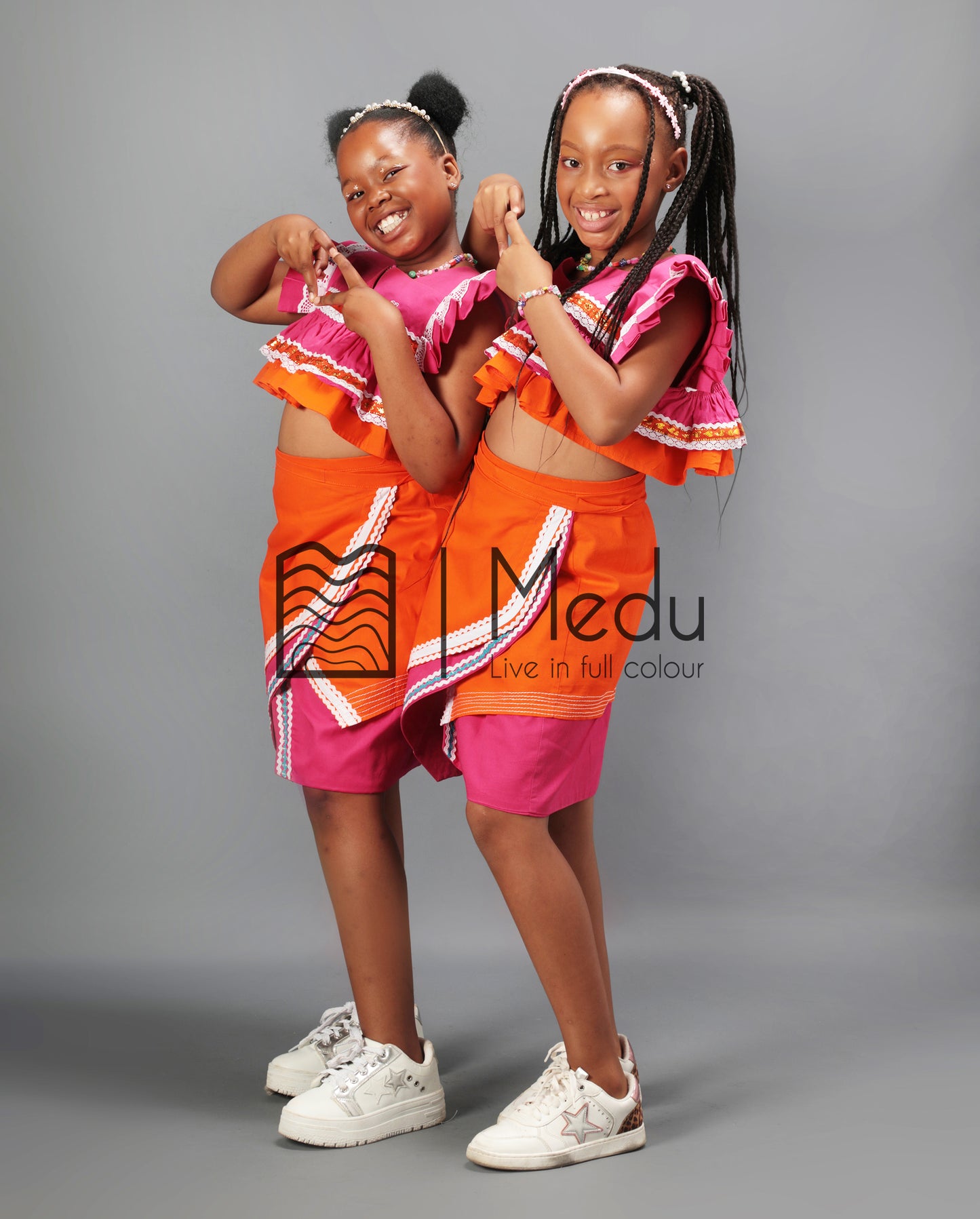 Kiddies Semabejana and Wrap Skirt Set in Pink & Orange