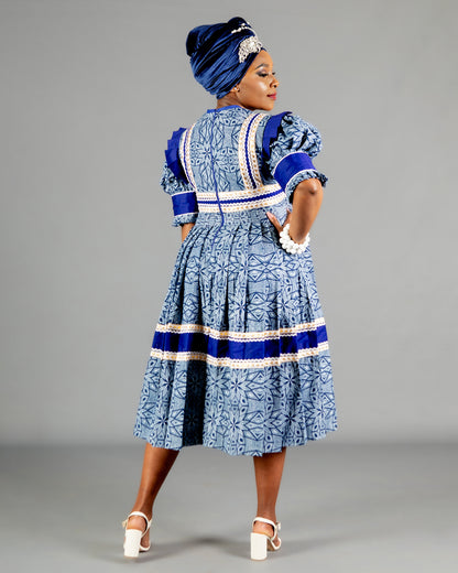 Mogoshadi Pleated Bridal Dress in Blue Print