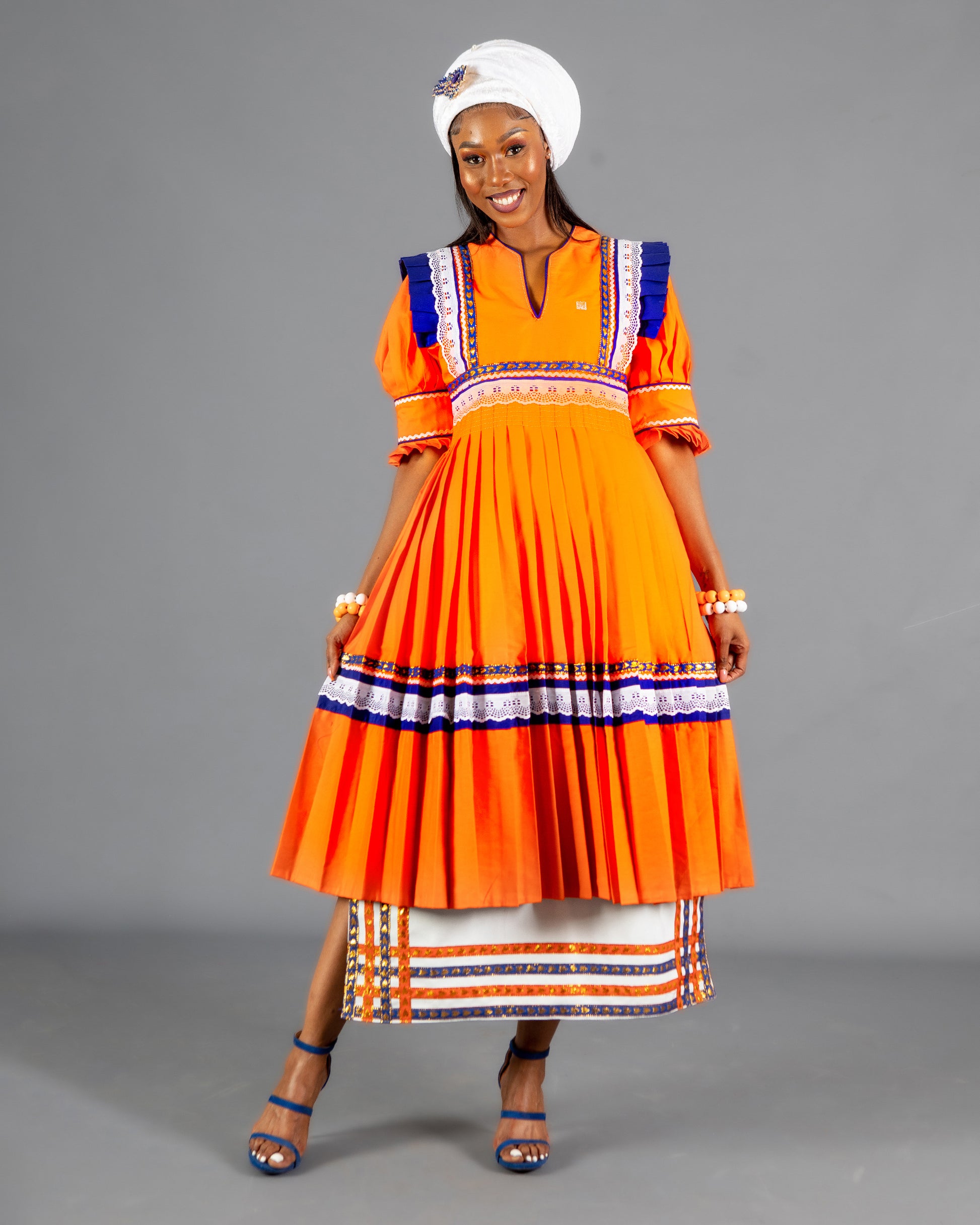 Mogoshadi Pleated Bridal Dress Set in Orange & Blue MEDU by Sepedi Bapedi Mogoshadi Pleated Bridal Dress Set in Orange & Blue MEDU by Sepedi Bapedi