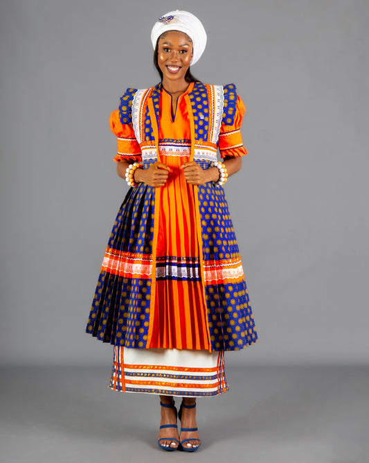 Mogoshadi Pleated Bridal Dress Set in Orange & Blue