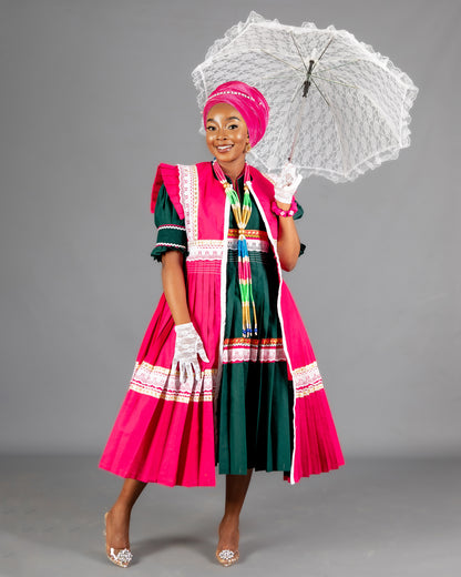 Mogoshadi Pleated Bridal Dress Set in Green & Pink