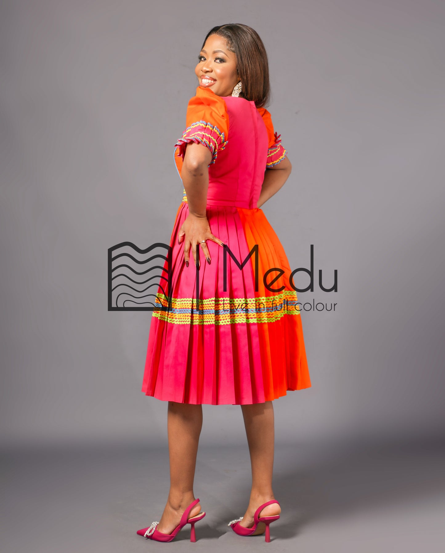 Nare Bespoke Panel Dress in Pink & Orange