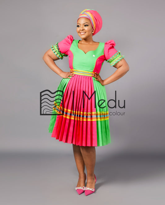 Nare Bespoke Panel Dress in Lime & Pink