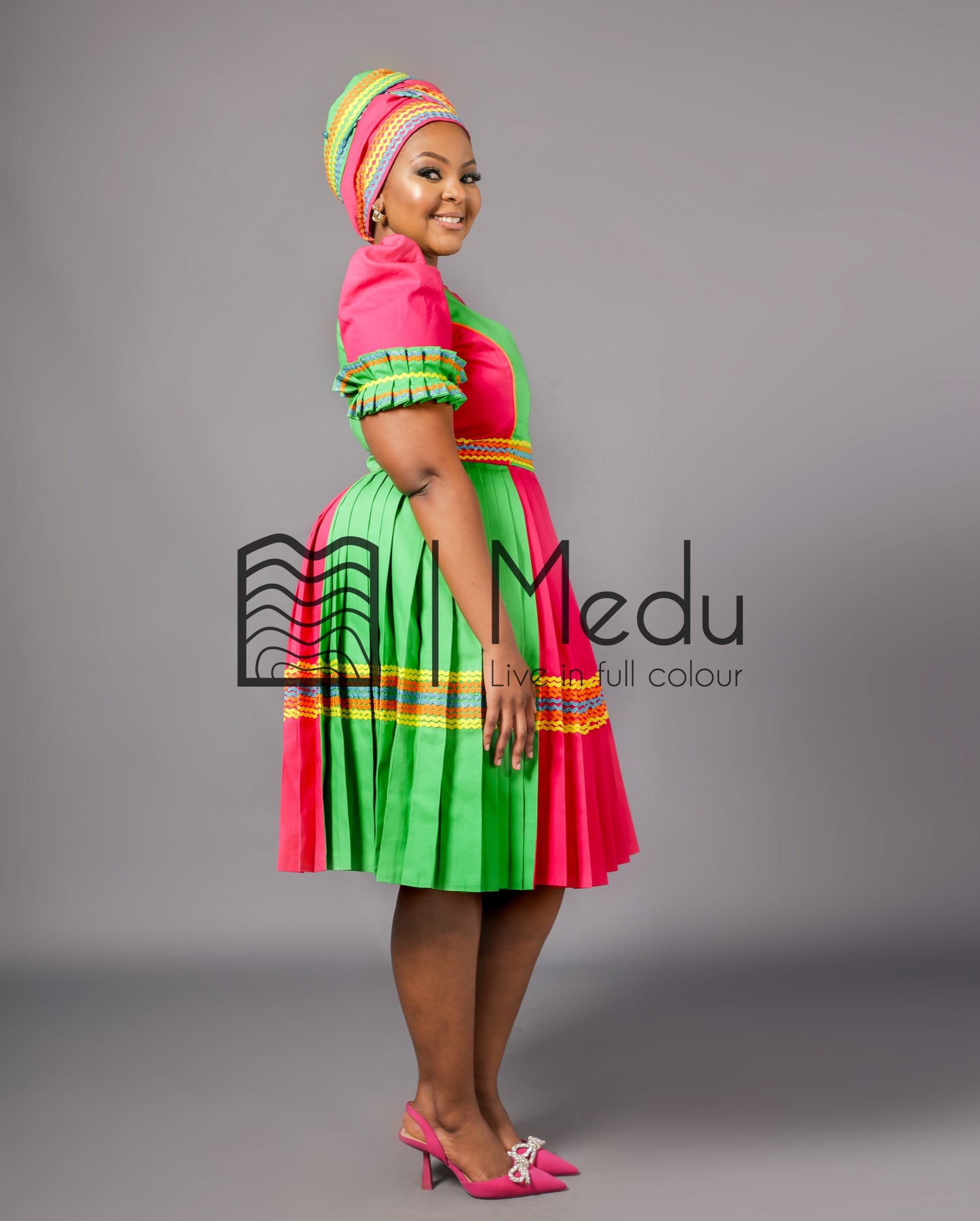 Nare Bespoke Panel Dress in Lime & Pink