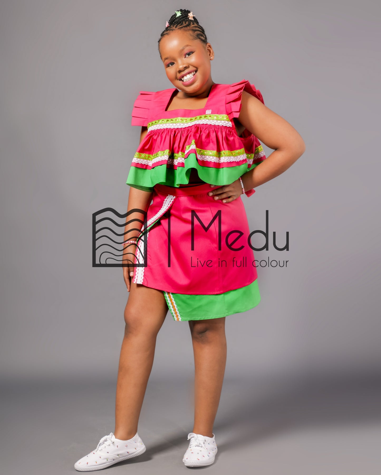 Kiddies Semabejana and Wrap Skirt Set in Pink & Lime