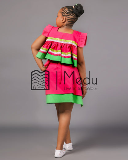 Kiddies Semabejana and Wrap Skirt Set in Pink & Lime