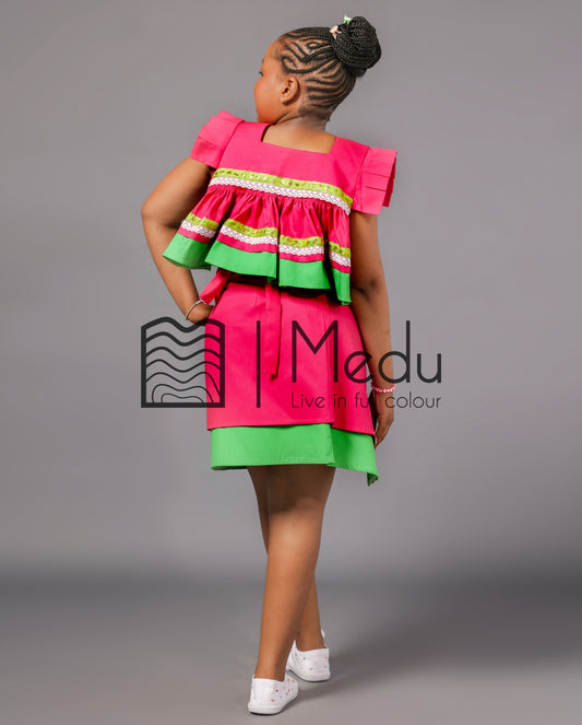 Kiddies Semabejana and Wrap Skirt Set in Pink & Lime