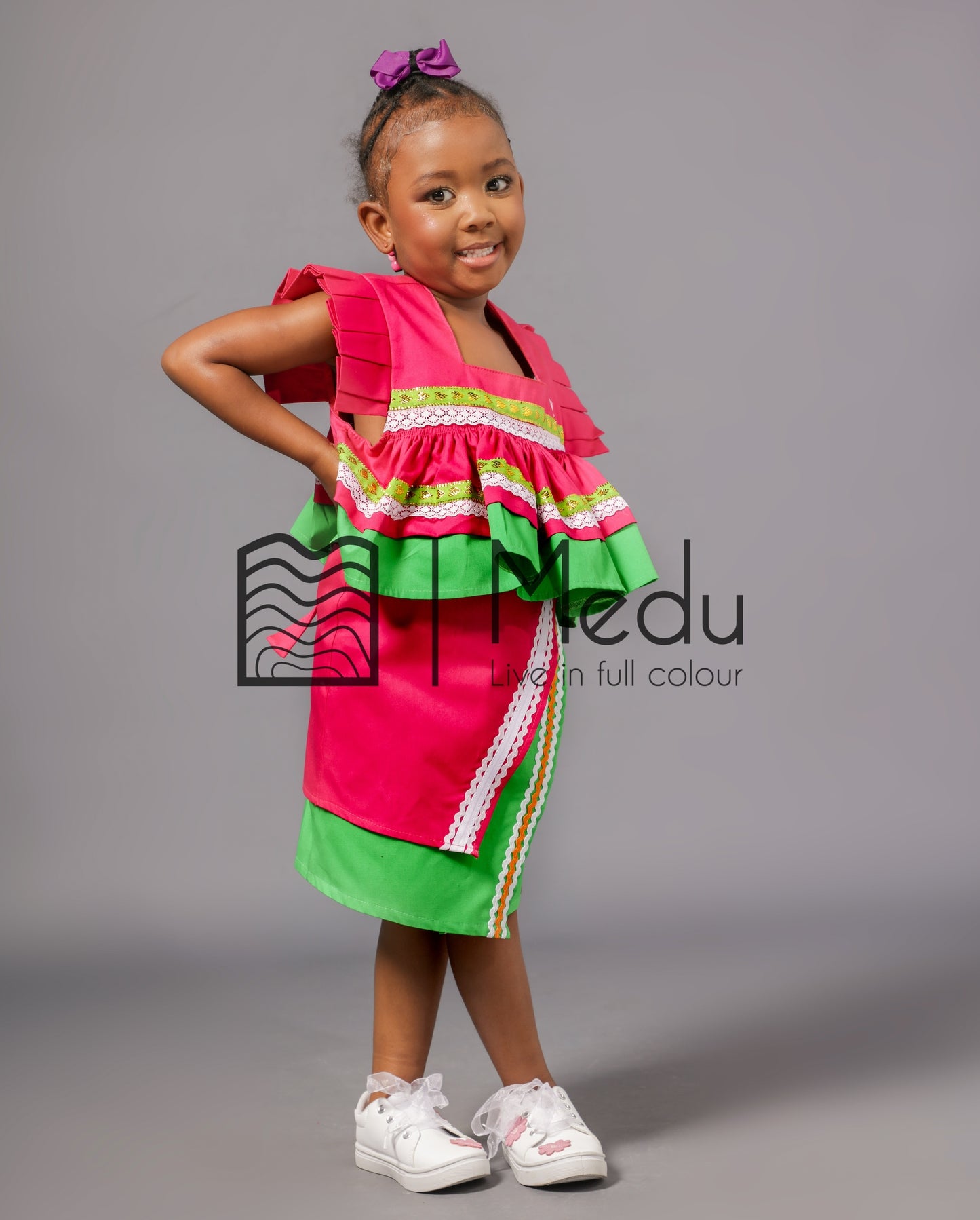 Kiddies Semabejana and Wrap Skirt Set in Pink & Lime