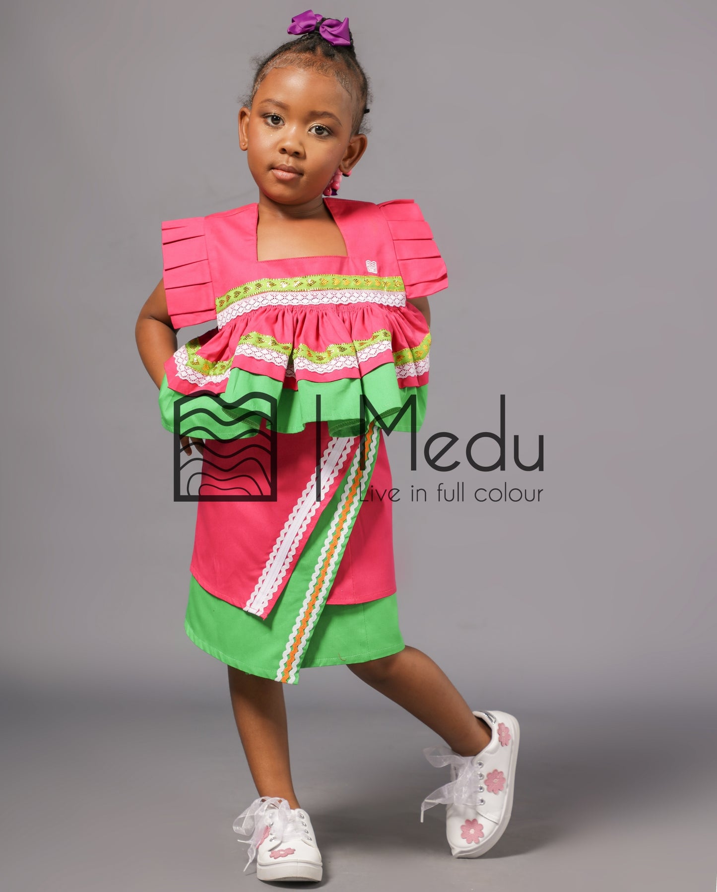 Kiddies Semabejana and Wrap Skirt Set in Pink & Lime