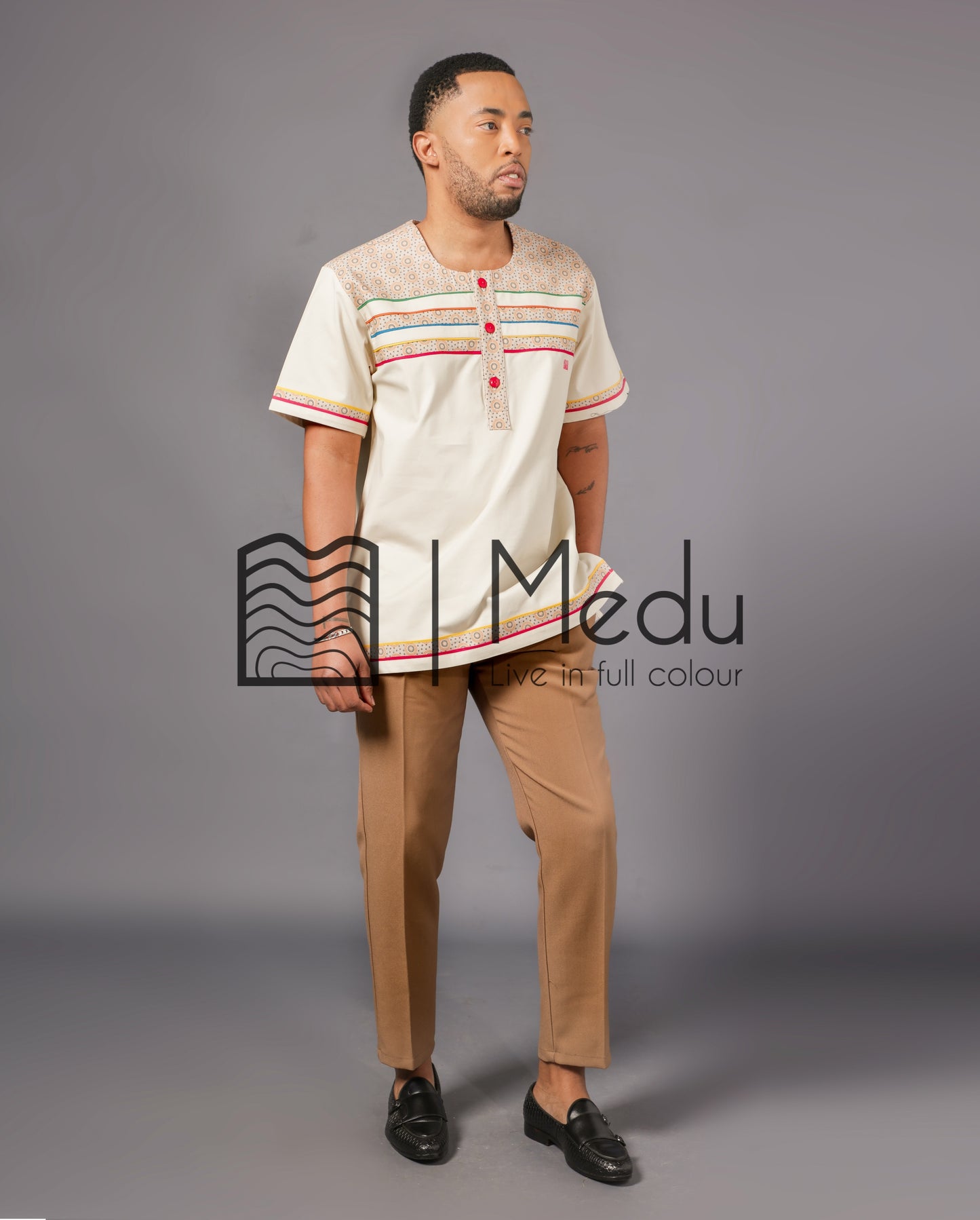 Noko Front Stripes Shirt in Beige with Pink