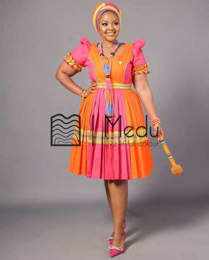 Nare Bespoke Panel Dress in Orange & Pink