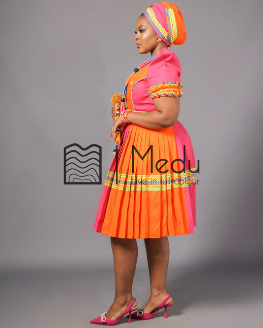 Nare Bespoke Panel Dress in Orange & Pink