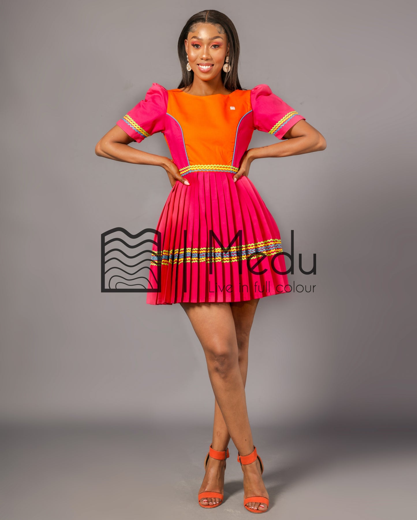 Mmashela Giant bow Mini Dress in Orange & Pink