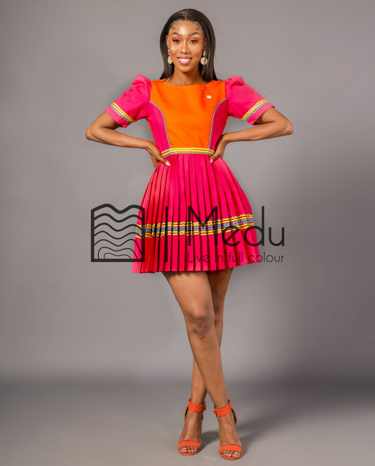 Mmashela Giant bow Mini Dress in Orange & Pink