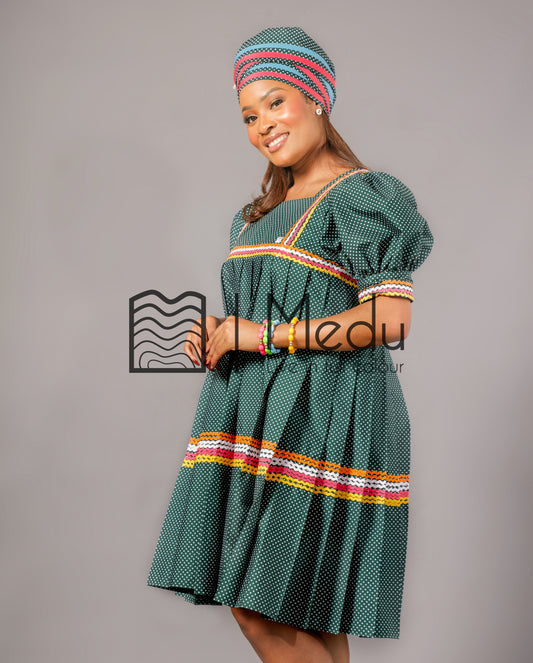 Kwena Pleated Yele Dress In Bottle Green