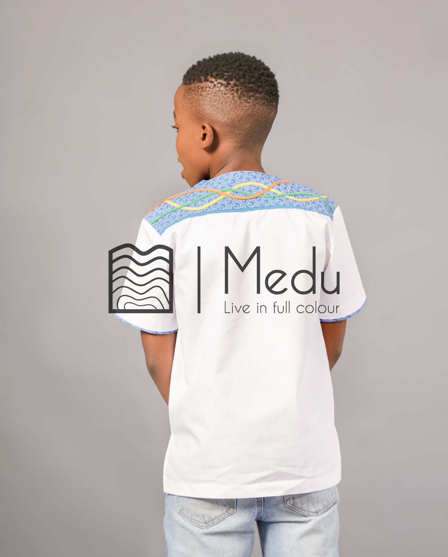 Kiddies Pule Front Panel Shirt in White with Turquoise