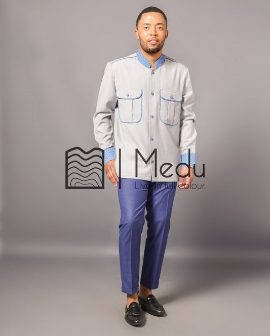 Mogale Safari Shirt in Grey with Turquoise