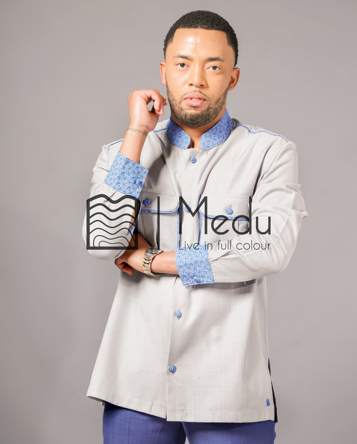 Mogale Safari Shirt in Grey with Turquoise