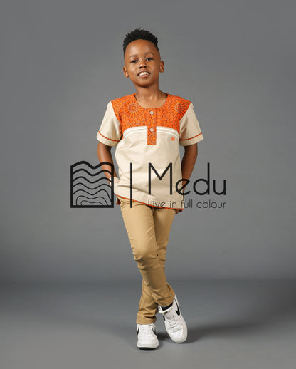 Kiddies Pule Front Panel Shirt in Beige and Orange