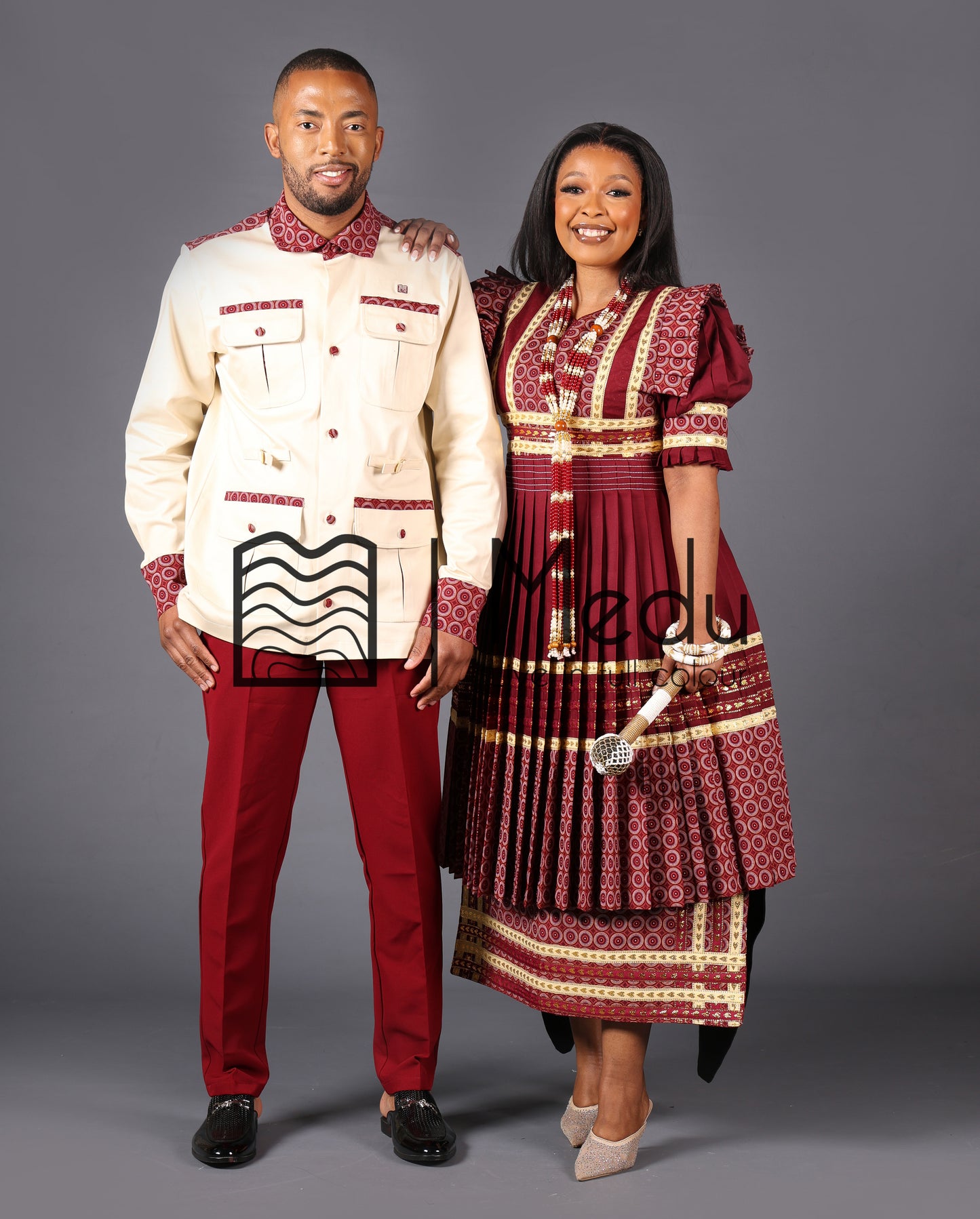 His & Hers: Modipadi Bridal Set In Maroon and Biege