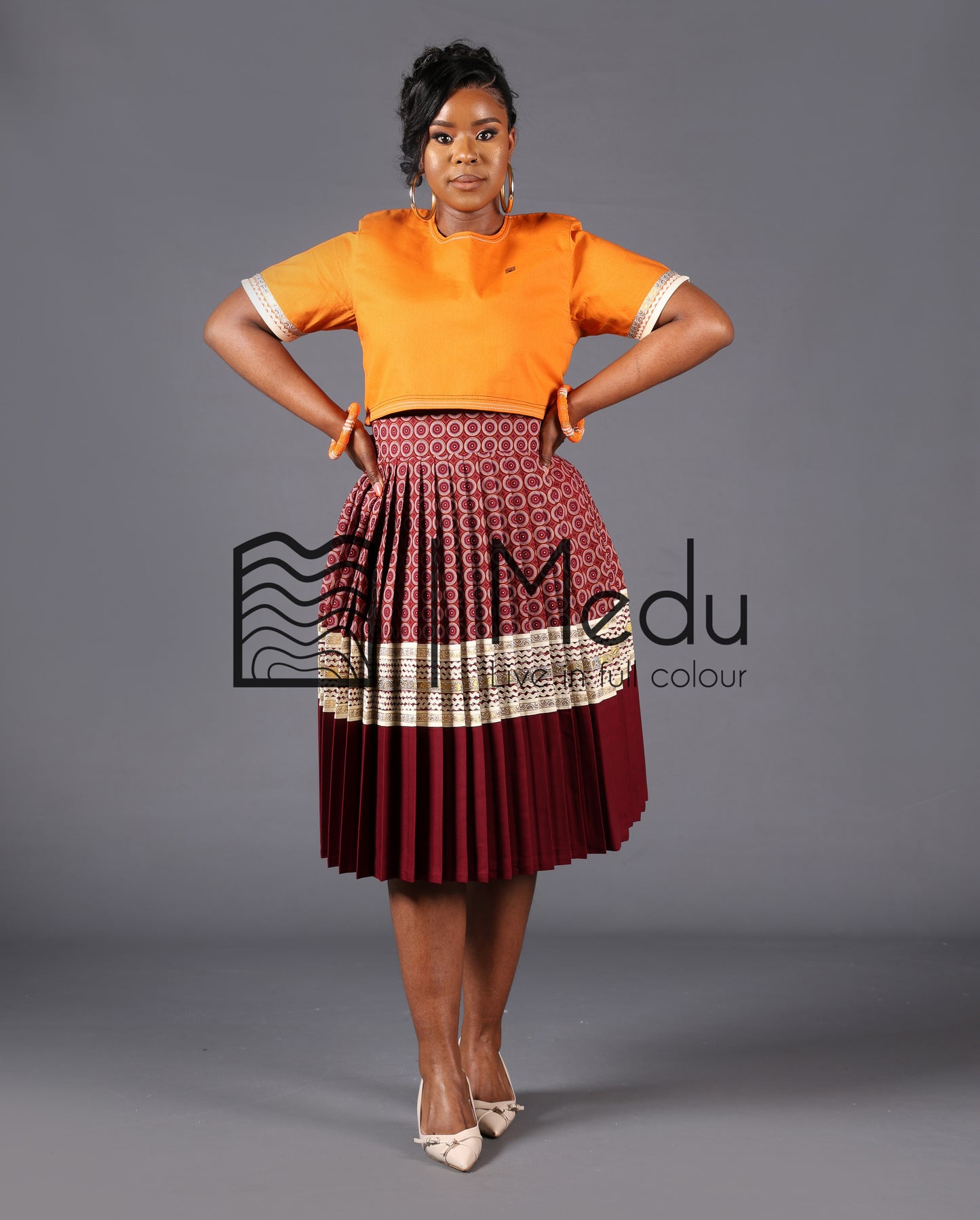 Makgabo Midi Set in Mustard and Maroon