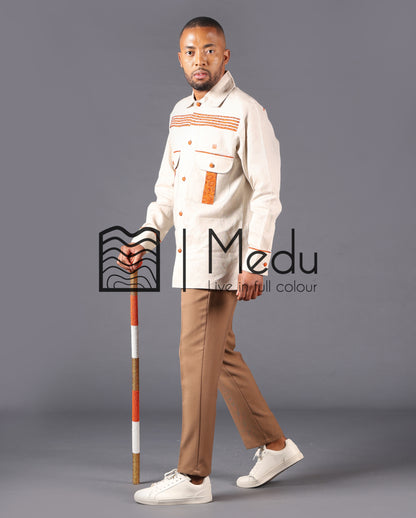 Kwena Bespoke Linen Safari Shirt in Beige and Orange