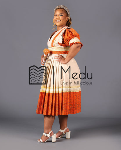 Mologadi Pleated Dress in Beige and Orange