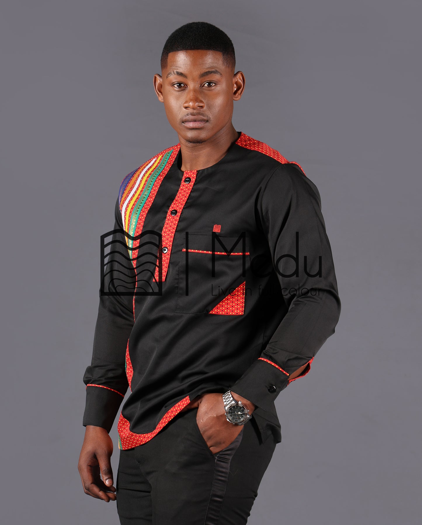 Nape Side Panel Shirt Black Trimmed with Red