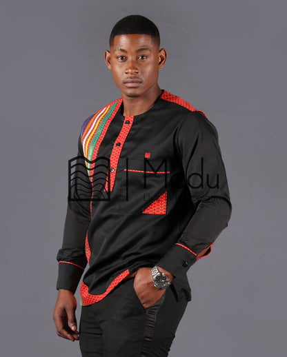 Nape Side Panel Shirt Black Trimmed with Red