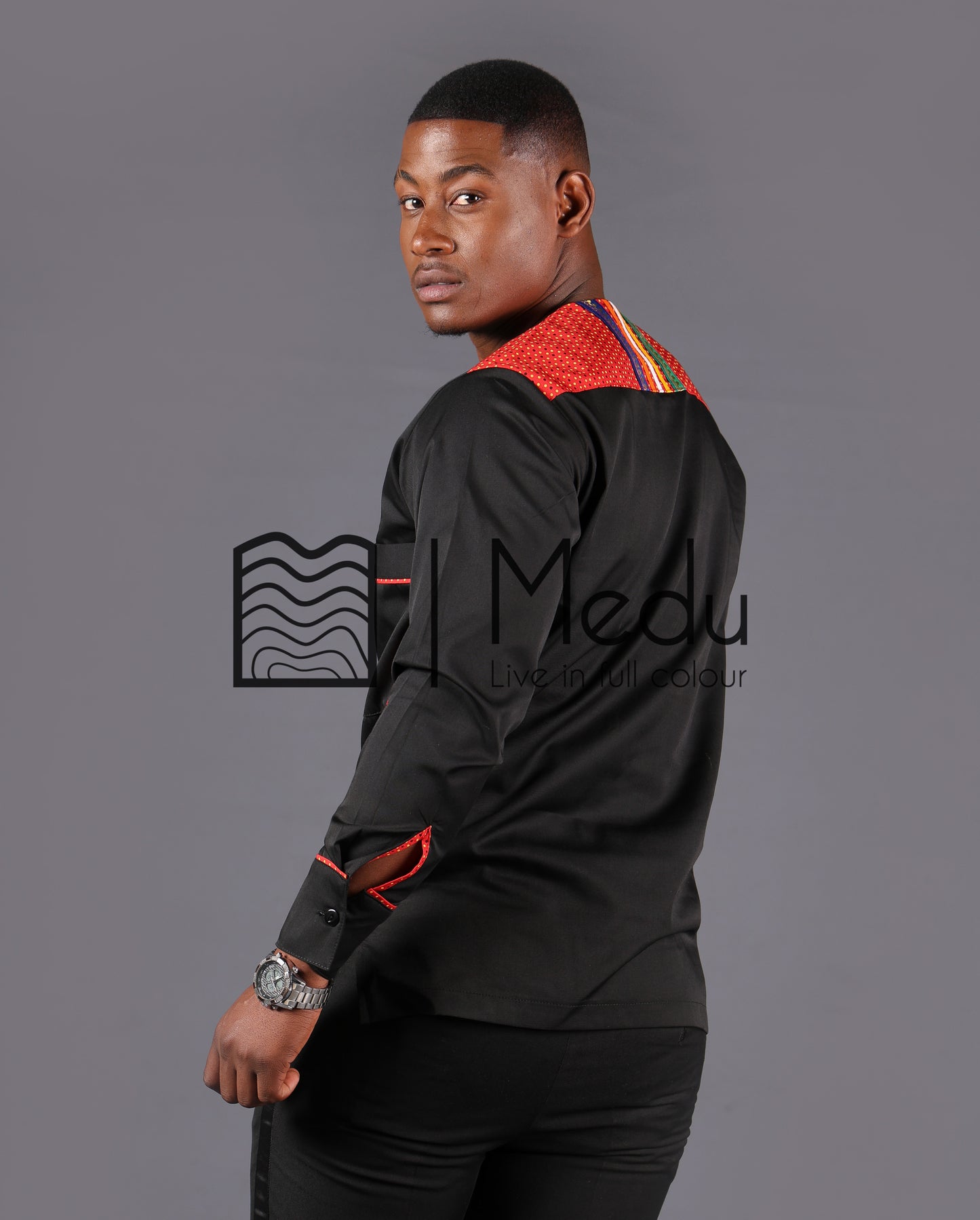 Nape Side Panel Shirt Black Trimmed with Red